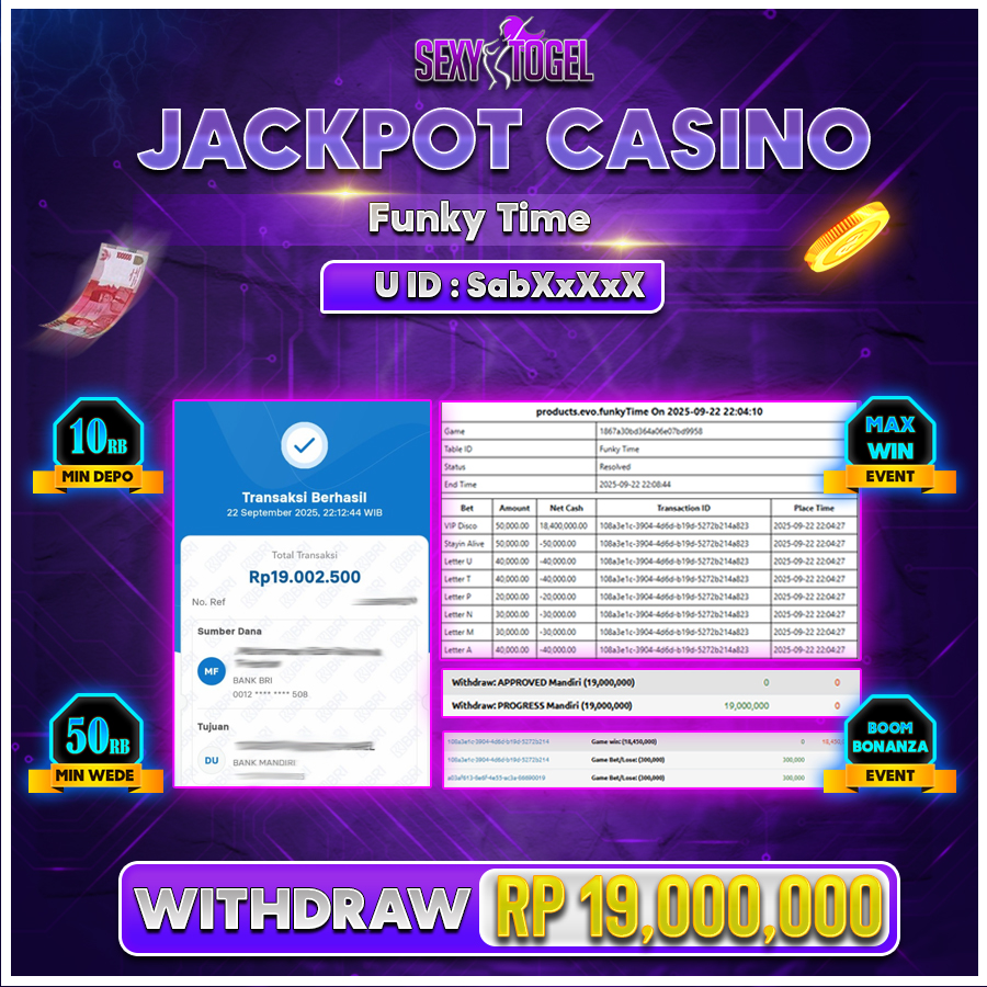 SEXYTOGEL JACKPOT LIVE CASINO FUNKY TIME Rp.19.000.000.,- LUNAS