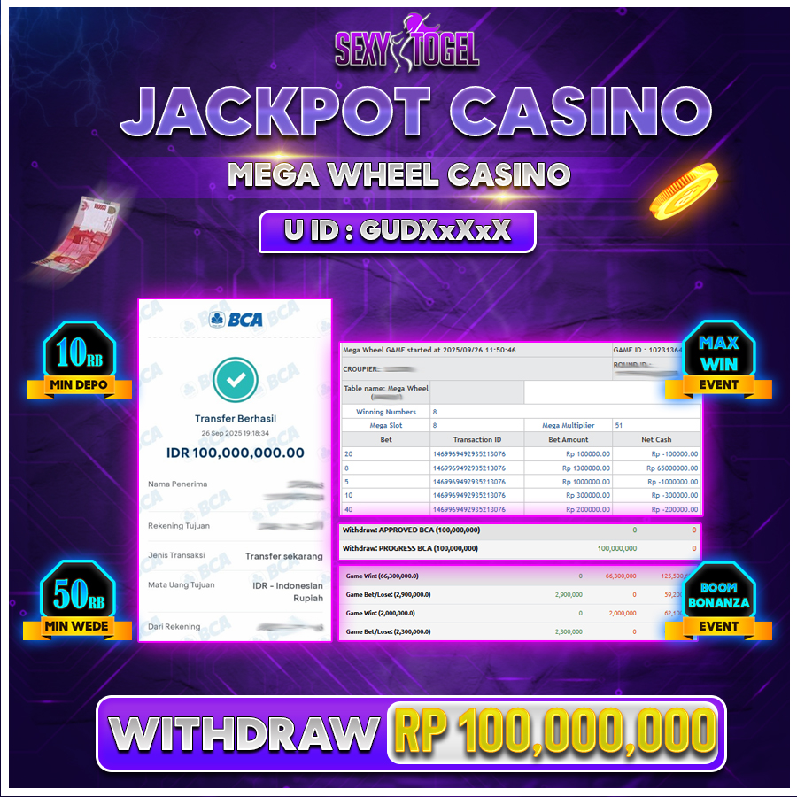 SEXYTOGEL JACKPOT LIVE CASINO MEGA WHEEL Rp.100.000.000.,- LUNAS
