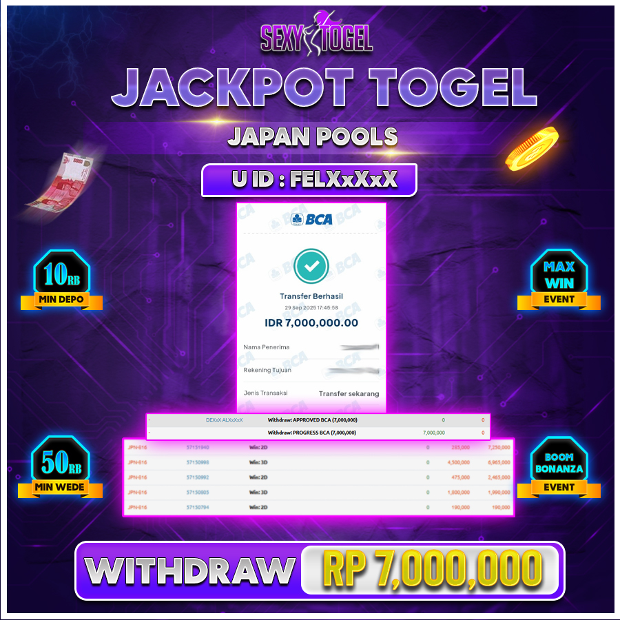 SEXYTOGEL JACKPOT TOGEL JAPAN POOLS Rp.7.000.000.,- LUNAS