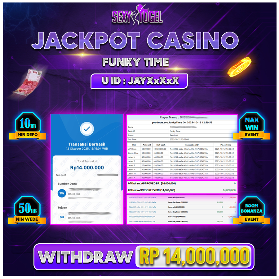 SEXYTOGEL JACKPOT LIVE CASINO FUNKY TIME Rp.14.000.000.,- LUNAS