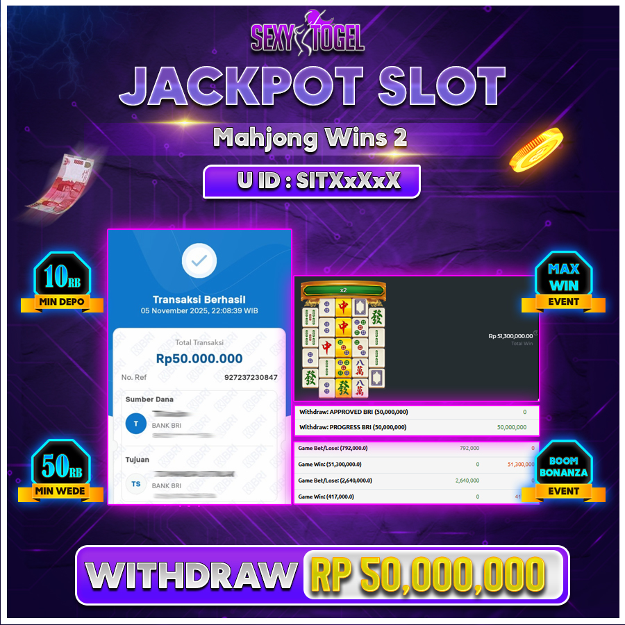 SEXYTOGEL JACKPOT SLOT MAHJONG WINS 2 Rp.50.000.000.,- LUNAS