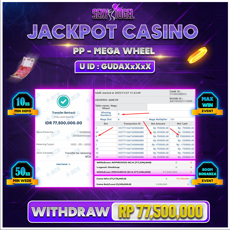 SEXYTOGEL JACKPOT LIVE CASINO MEGA WHEEL Rp.77.500.000.,- LUNAS