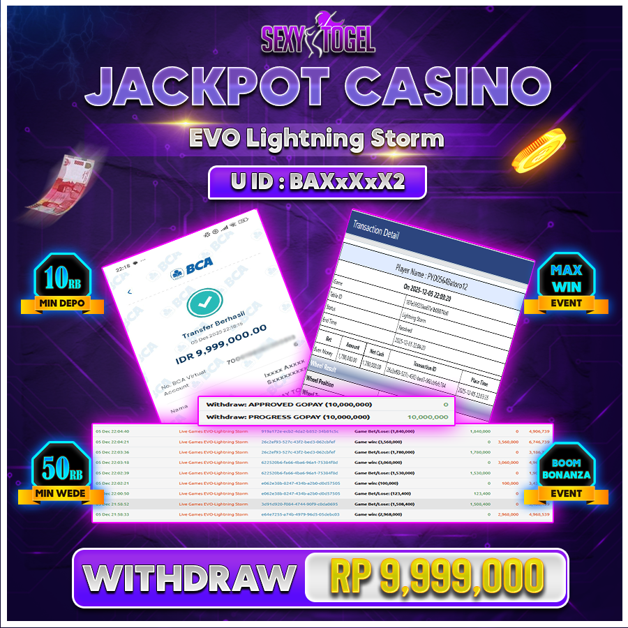 SEXYTOGEL JACKPOT CASINO EVO LIGHTNING STORM Rp.9.999.000.,- LUNAS
