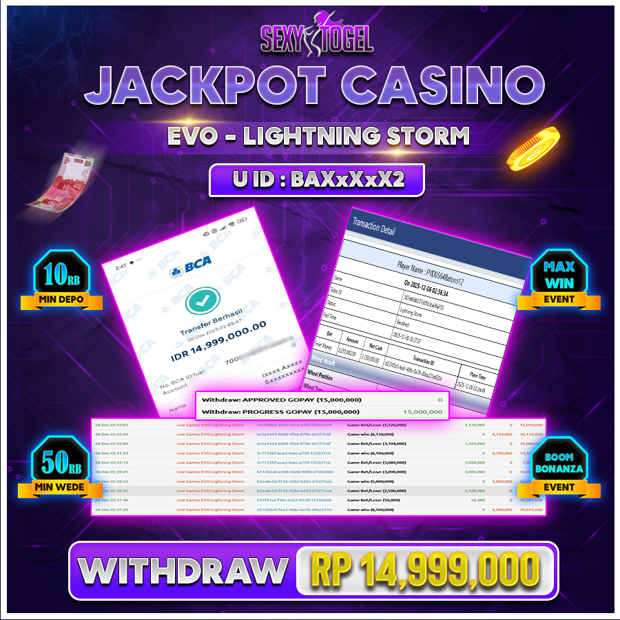SEXYTOGEL JACKPOT CASINO EVO LIGHTNING STORM Rp 14.999.000.,- LUNAS
