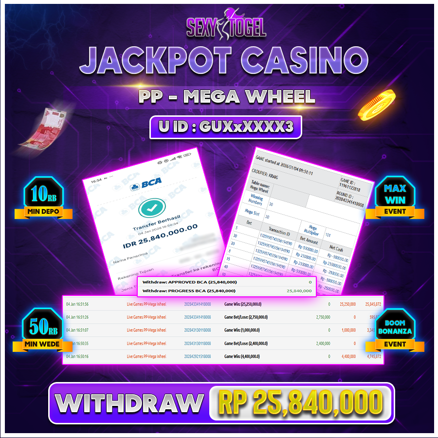 SEXYTOGEL JACKPOT CASINO PP MEGA WHEEL Rp 25.840.000.,-LUNAS