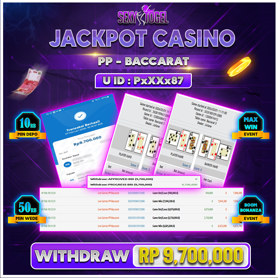 SEXYTOGEL JACKPOT CASINO PP BACCARAT Rp 9.700.000.,-LUNAS