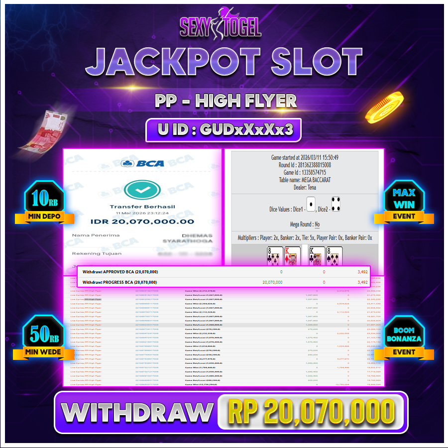 SEXYTOGEL JACKPOT LIVE CASINO PP-HIGH FLYER Rp 20.070.000.,-LUNAS