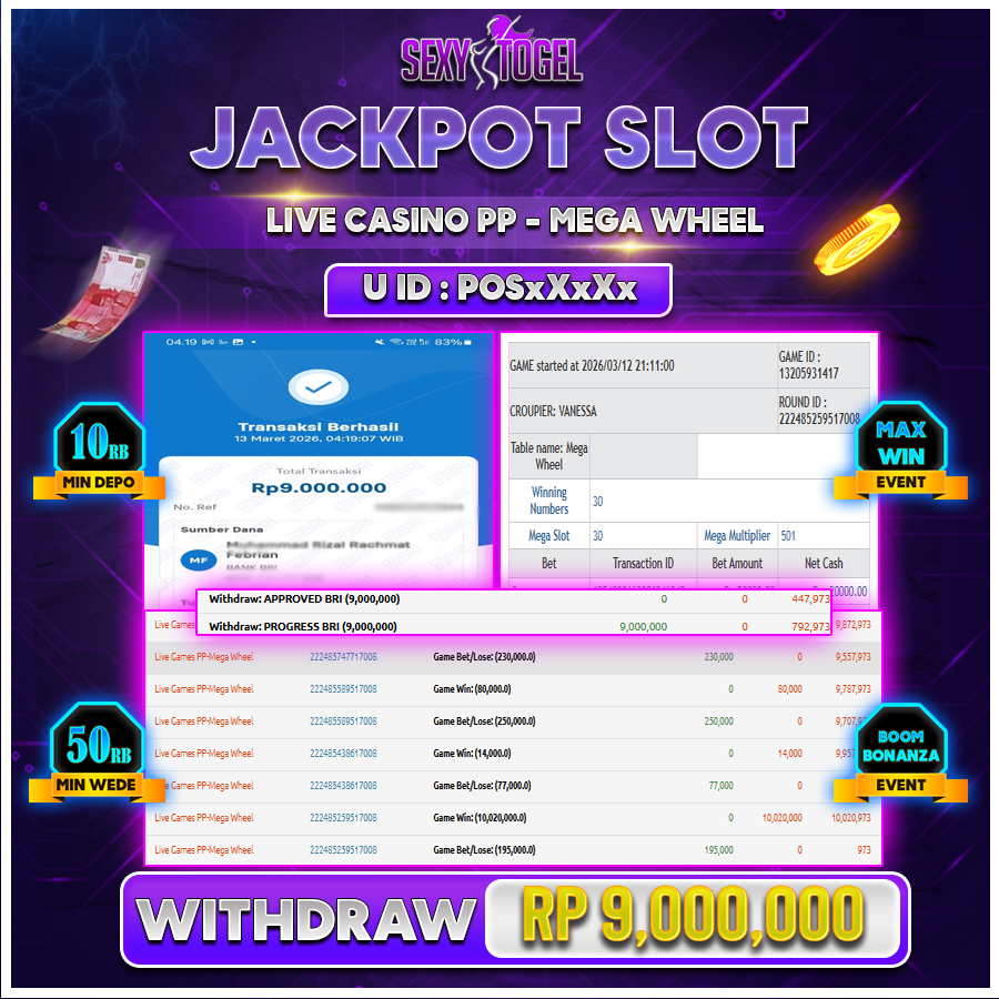 SEXYTOGEL JACKPOT LIVE CASINO PP-MEGA WHEEL Rp 9.000.000.,-LUNAS