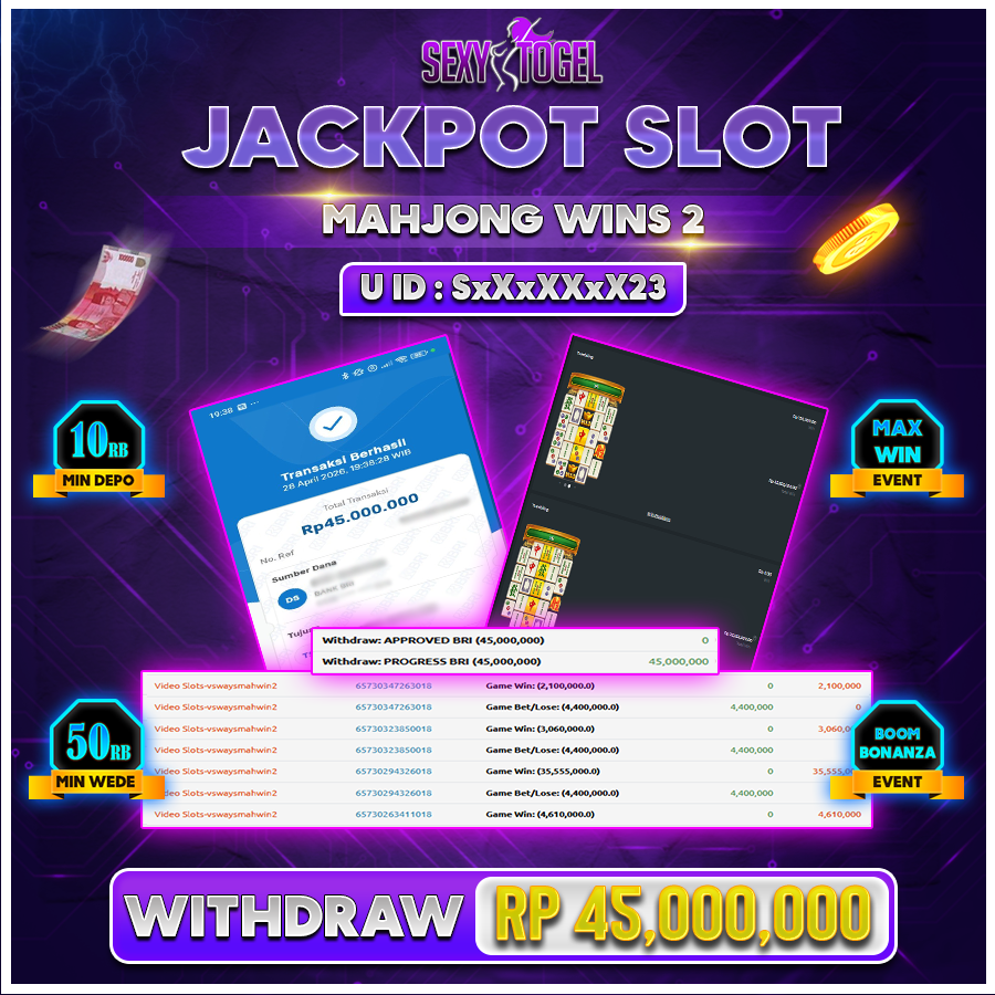 SEXYTOGEL JACKPOT SLOT MAHJONG WINS 2 Rp 45.000.000.,LUNAS
