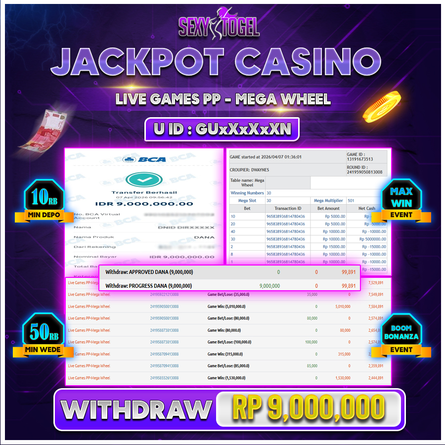 SEXYTOGEL JACKPOT LIVE CASINO PP MEGA WHEEL Rp9.000.000.,-LUNAS